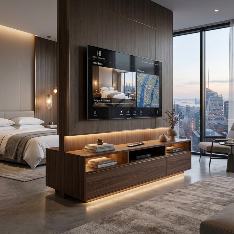 Contract-grade commercial TV stand and media credenza in a modern hospitality guestroom.