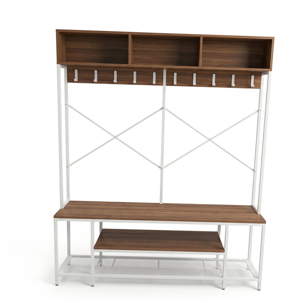 01 FTLFCR-6013 Modern Industrial Entryway Hall Tree with Coat Rack, Storage Cubbies, and Dual-Zone Shoe Bench - Image 1