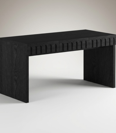 MMK Furniture Makers HEFTDS-8069 modern black fluted executive desk with solid wood structure and red oak veneer.