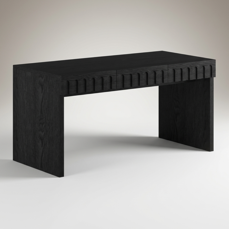 MMK Furniture Makers HEFTDS-8069 modern black fluted executive desk with solid wood structure and red oak veneer.