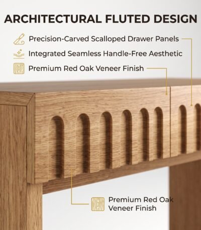 close up view fluted drawer detail carved solid wood front desk