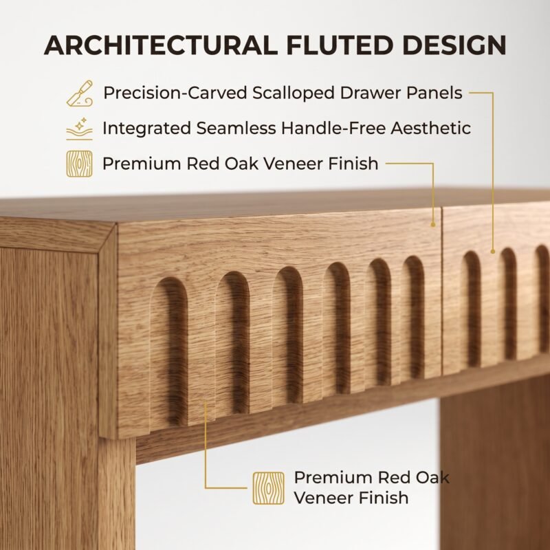 close up view fluted drawer detail carved solid wood front desk