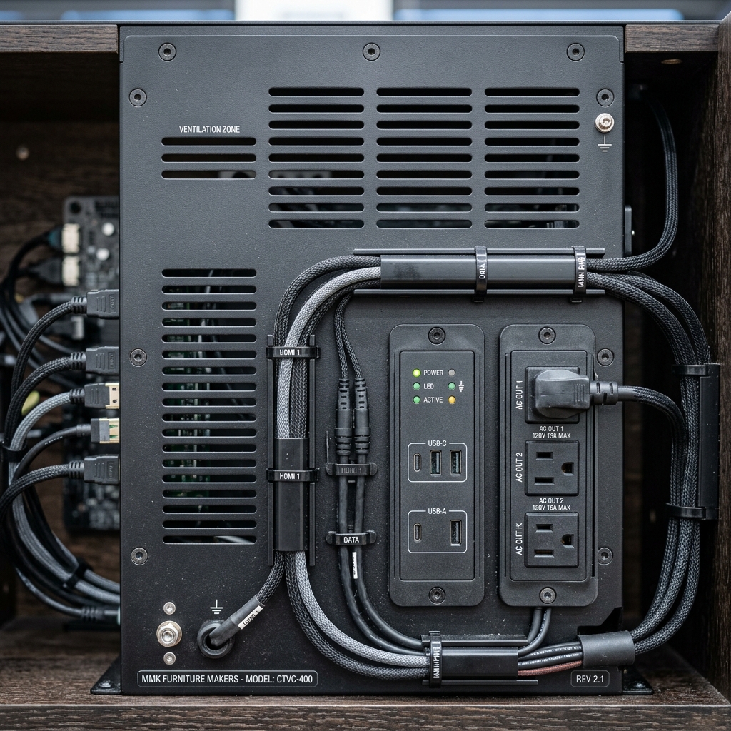 Concealed AV cable chase and integrated power outlet cutout inside a hotel TV stand.