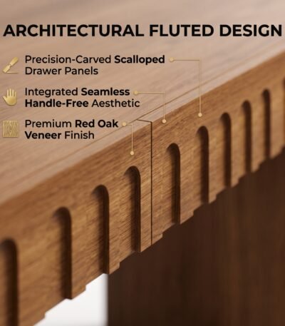 close up view fluted drawer detail carved solid wood front desk