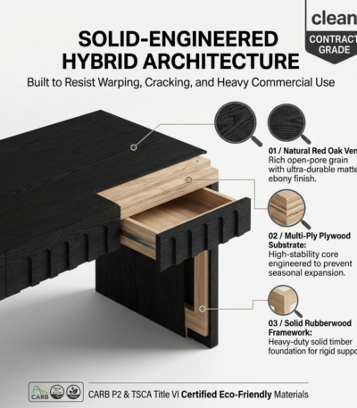 Material breakdown of red oak veneer and solid rubberwood core on HEFTDS-8069 office desk.