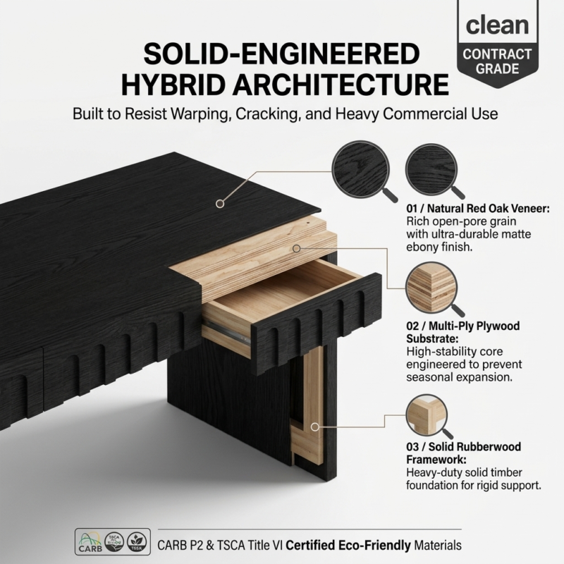 Material breakdown of red oak veneer and solid rubberwood core on HEFTDS-8069 office desk.