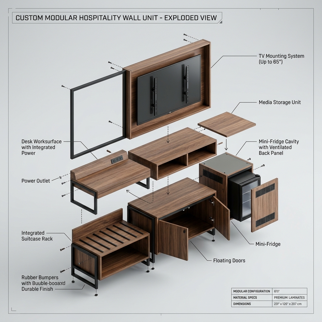 Custom hospitality media console combining commercial TV stand, luggage bench, and mini-fridge cabinet.