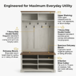 Farmhouse Entryway Hall Tree with Coat Rack, Top Shelves, and Shoe Storage Bench - Image 3