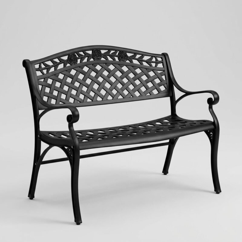 A-full-view-professional-photo-of-a-decorative-cast-aluminum-outdoor-garden-bench-by-MMK.