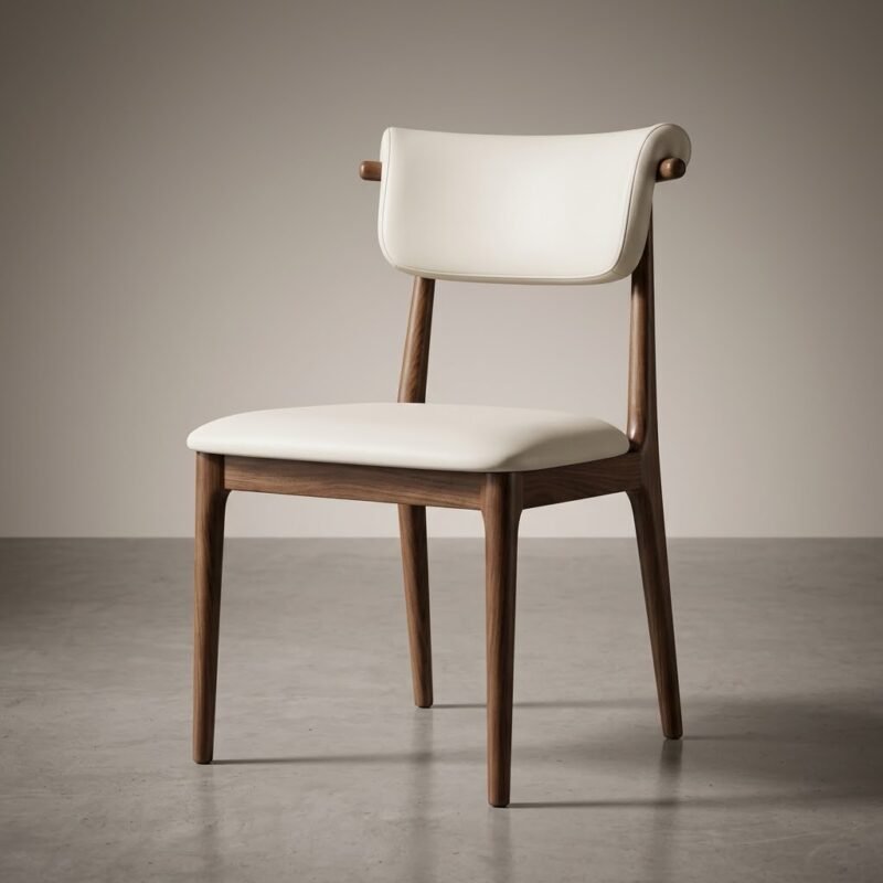 A-modern-solid-walnut-dining-chair-with-white-PU-leather-upholstery.