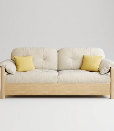 1.A-pristine-frontal-view-of-the-MMK-Furniture-Makers-custom-two-seater-sofa-bed-with-a-light-wood-frame-and-beige-fabric-cushions-designed-for-B2B-wholesale.