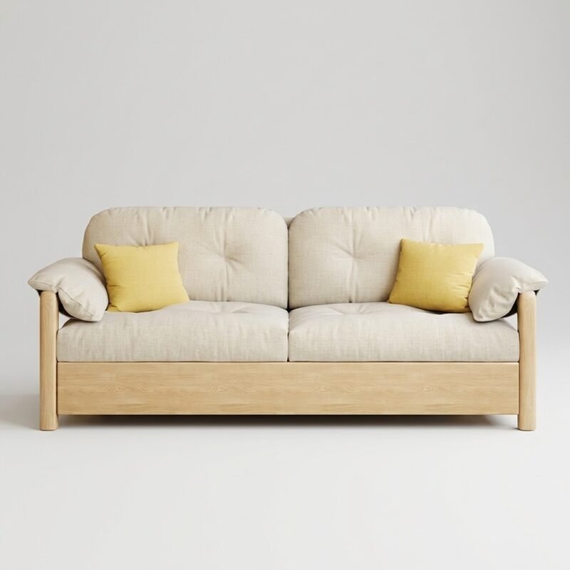 1.A-pristine-frontal-view-of-the-MMK-Furniture-Makers-custom-two-seater-sofa-bed-with-a-light-wood-frame-and-beige-fabric-cushions-designed-for-B2B-wholesale.