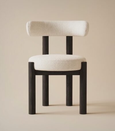 A-single-modern-dining-chair-with-a-dark-ash-wood-frame-and-off-white-chenille-upholstery-shown-frontal-against-a-neutral-background.