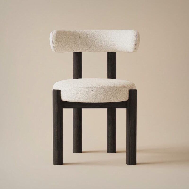 A-single-modern-dining-chair-with-a-dark-ash-wood-frame-and-off-white-chenille-upholstery-shown-frontal-against-a-neutral-background.