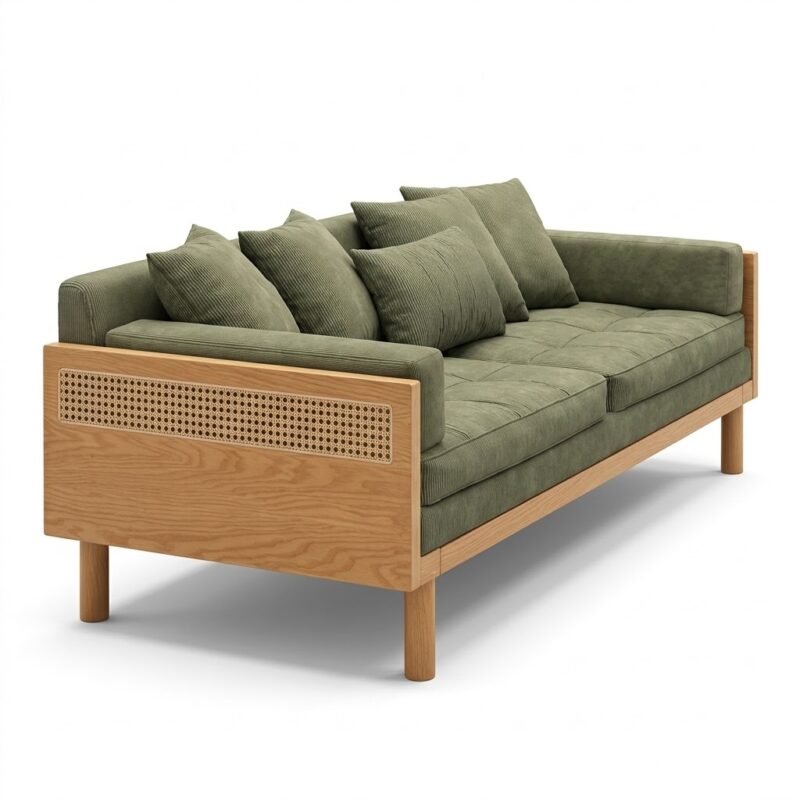 1.Ash-wood-pull-out-sofa-bed-in-olive-green-upholstery-by-MMK-Furniture-Makers.