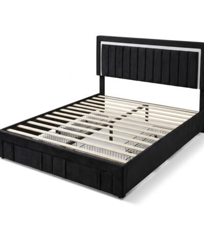 Black-velvet-upholstered-platform-bed-with-headboard-and-storage-base-wholesale.