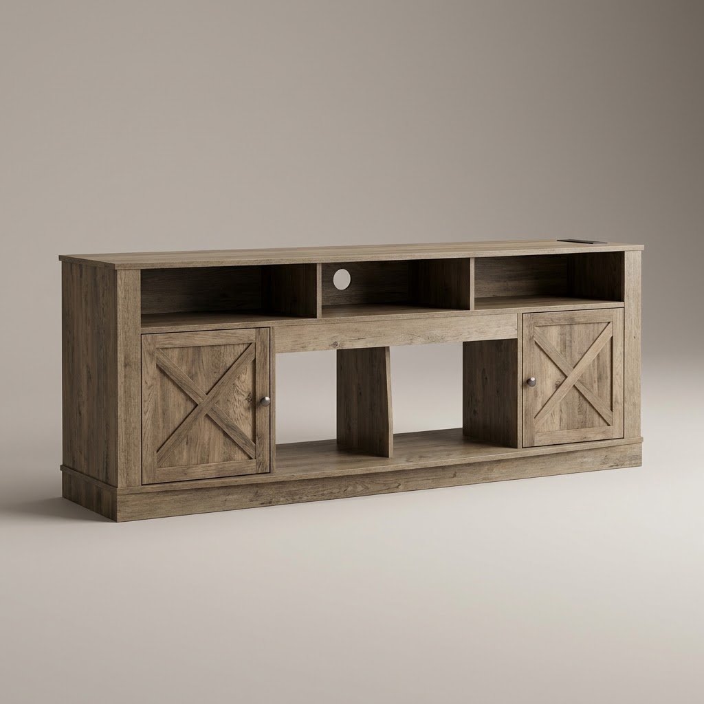 1.Clean studio shot of a rustic oak TV stand with barn doors. Clean-studio-shot-of-a-rustic-oak-TV-stand-with-barn-doors.
