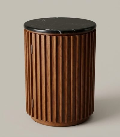 Fluted-oak-wood-round-side-table-with-black-marble-top-by-MMK-Furniture-Makers.