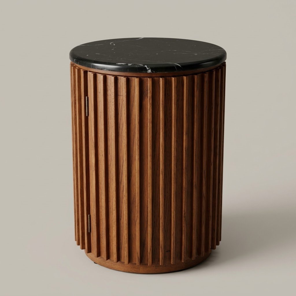 1.Fluted oak wood round side table with black marble top by MMK Furniture Makers. Fluted-oak-wood-round-side-table-with-black-marble-top-by-MMK-Furniture-Makers.