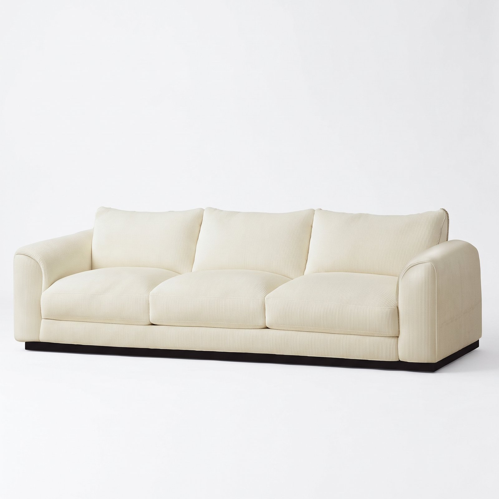 1.Front view of a luxurious modern cream 3-seater sofa with a dark wood base, isolated on a clean white background, manufactured by MMK Furniture Makers. 1.Front-view-of-a-luxurious-modern-cream-3-seater-sofa-with-a-dark-wood-base-isolated-on-a-clean-white-background-manufactured-by-MMK-Furniture-Makers.