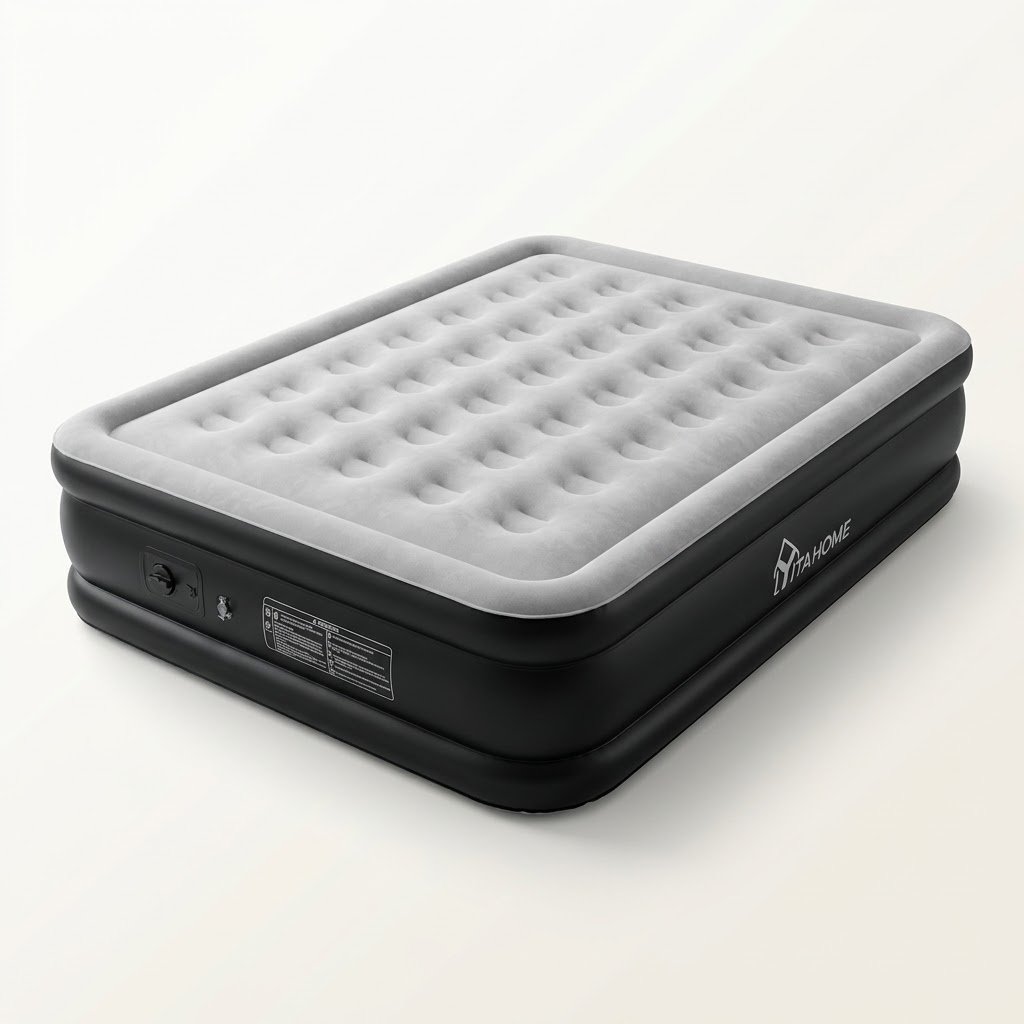 1.Inflatable mattress with built-in pump and gray flocked top on clean studio background. Inflatable-mattress-with-built-in-pump-and-gray-flocked-top-on-clean-studio-background.