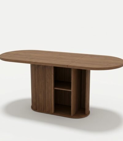 Light-oak-oval-fluted-pedestal-dining-table-with-built-in-storage-by-MMK-Furniture-Makers.