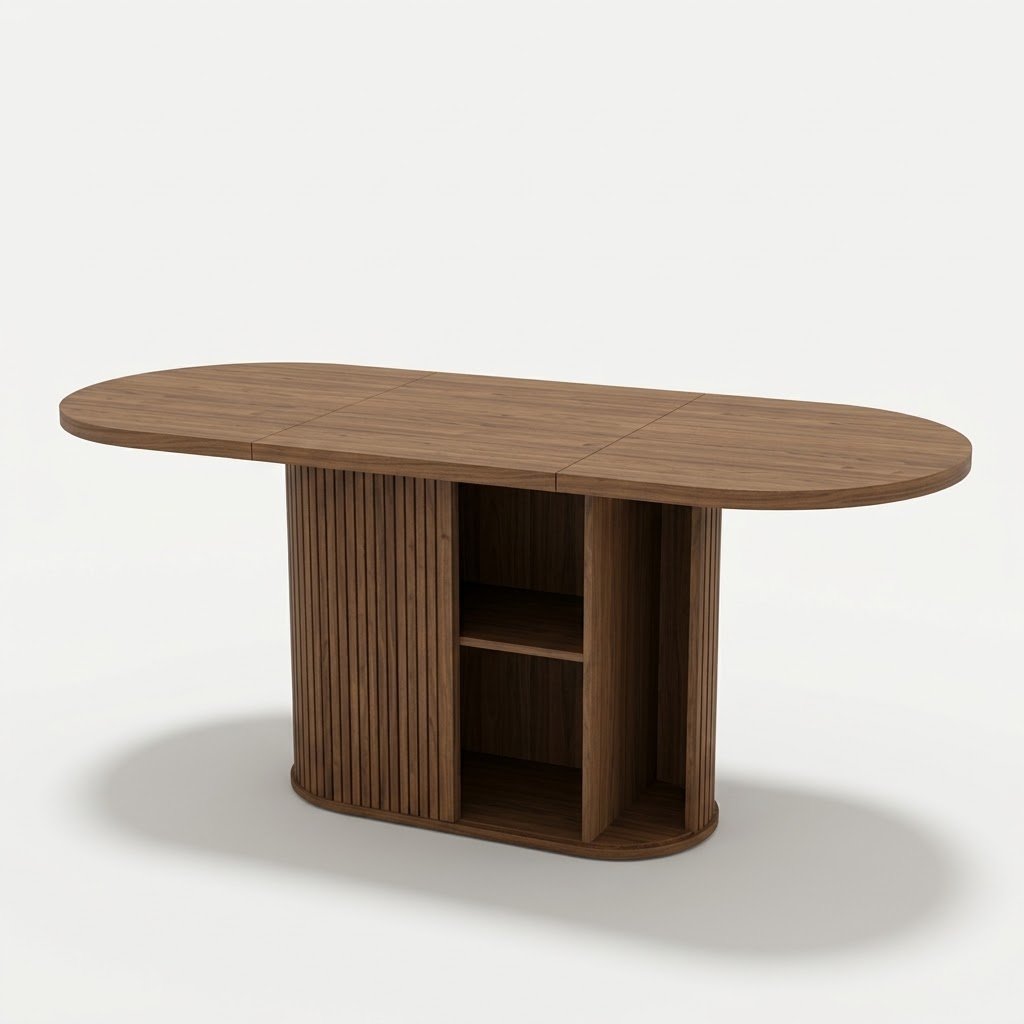 1.Light oak oval fluted pedestal dining table with built-in storage by MMK Furniture Makers. Light-oak-oval-fluted-pedestal-dining-table-with-built-in-storage-by-MMK-Furniture-Makers.