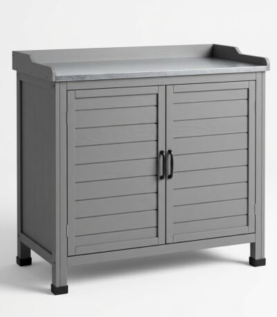 MMK-Furniture-Makers-grey-solid-pine-storage-cabinet-with-galvanized-metal-top-and-louvered-doors.