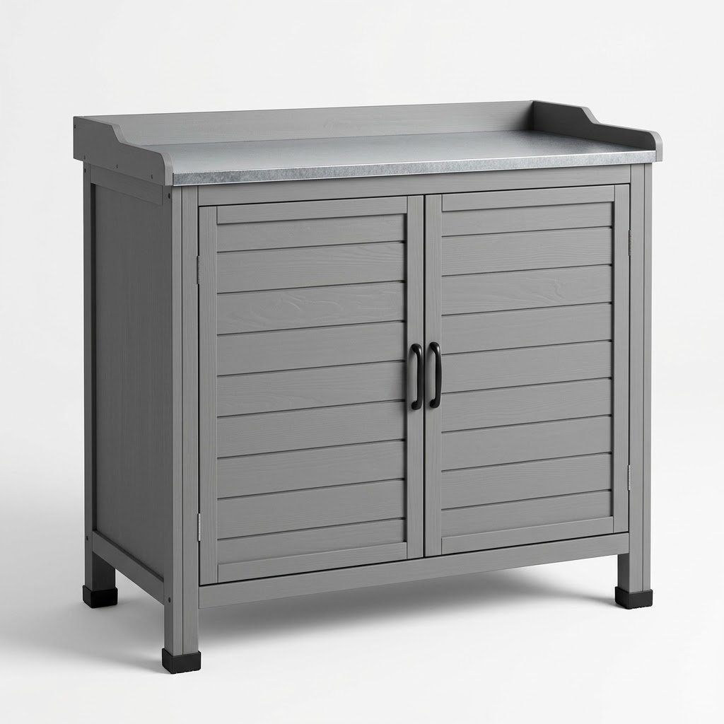 1.MMK Furniture Makers grey solid pine storage cabinet with galvanized metal top and louvered doors. MMK-Furniture-Makers-grey-solid-pine-storage-cabinet-with-galvanized-metal-top-and-louvered-doors.