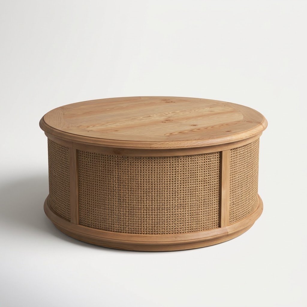 1.MMK Furniture round pine wood coffee table with woven drum base on white background MMK-Furniture-round-pine-wood-coffee-table-with-woven-drum-base-on-white-background.