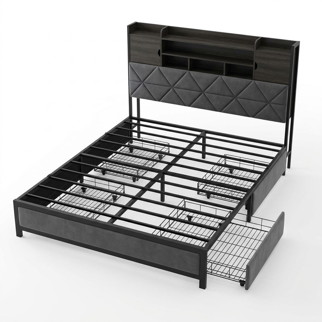 1.MMK metal bed frame with storage drawers and upholstered headboard MMK-metal-bed-frame-with-storage-drawers-and-upholstered-headboard.