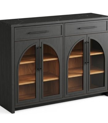 Modern-black-arched-cabinet-with-glass-doors-and-warm-oak-interior.