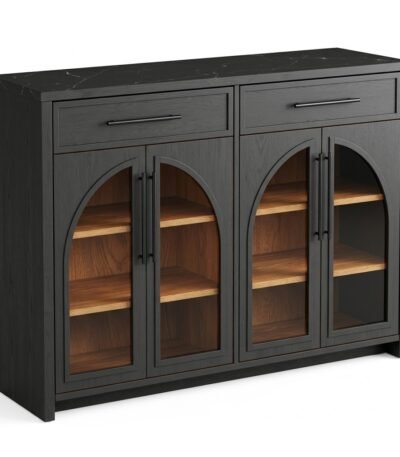 Modern-black-arched-cabinet-with-glass-doors-and-warm-oak-interior.