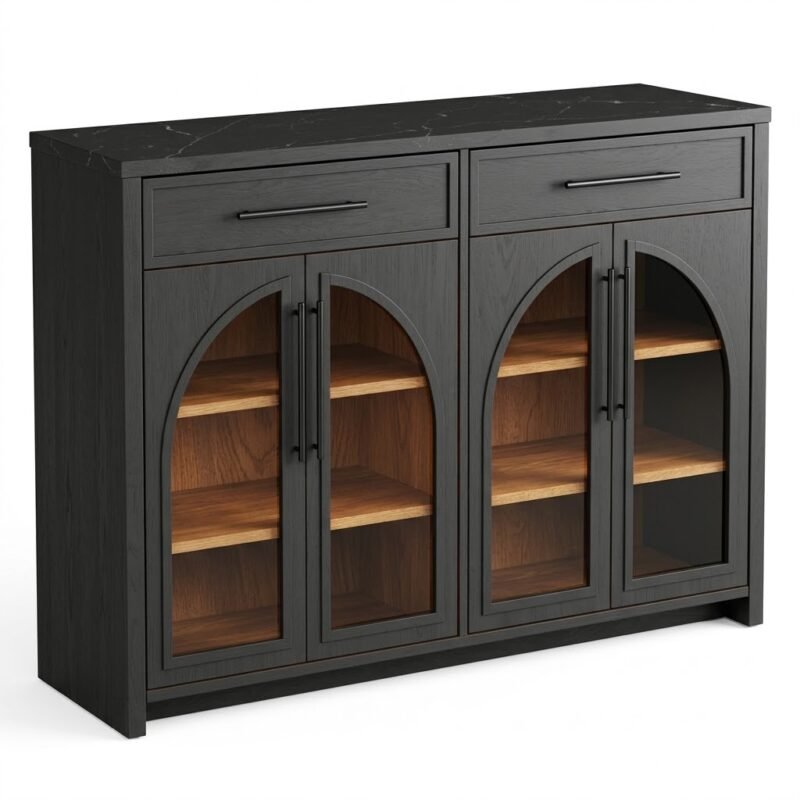 Modern-black-arched-cabinet-with-glass-doors-and-warm-oak-interior.
