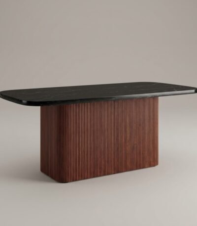 Modern-black-faux-marble-dining-table-with-fluted-wood-pedestal-base-by-MMK-Furniture-Makers.