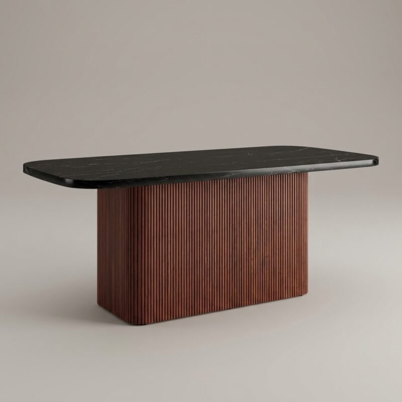 Modern-black-faux-marble-dining-table-with-fluted-wood-pedestal-base-by-MMK-Furniture-Makers.
