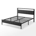 Modern-black-metal-platform-bed-frame-with-grey-upholstered-headboard-in-minimalist-bedroom.
