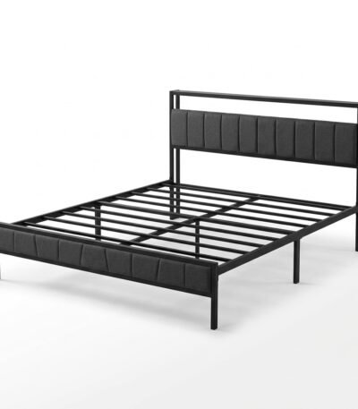 Modern-black-metal-platform-bed-frame-with-grey-upholstered-headboard-in-minimalist-bedroom.