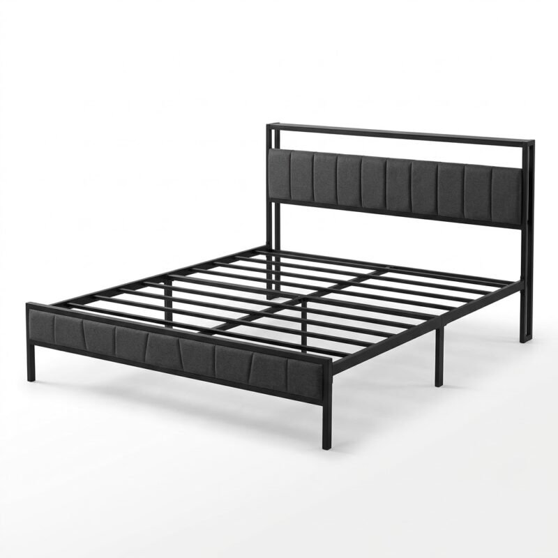 Modern-black-metal-platform-bed-frame-with-grey-upholstered-headboard-in-minimalist-bedroom.