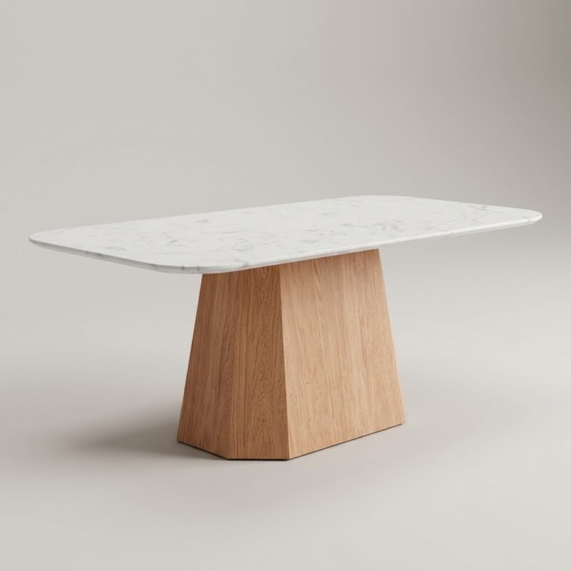 Modern-dining-table-with-Calacatta-white-stone-top-and-faceted-oak-pedestal-base-by-MMK-Furniture-Makers.