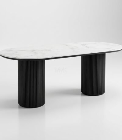 Modern-dining-table-with-a-capsule-white-marble-top-and-two-black-fluted-cylindrical-legs.