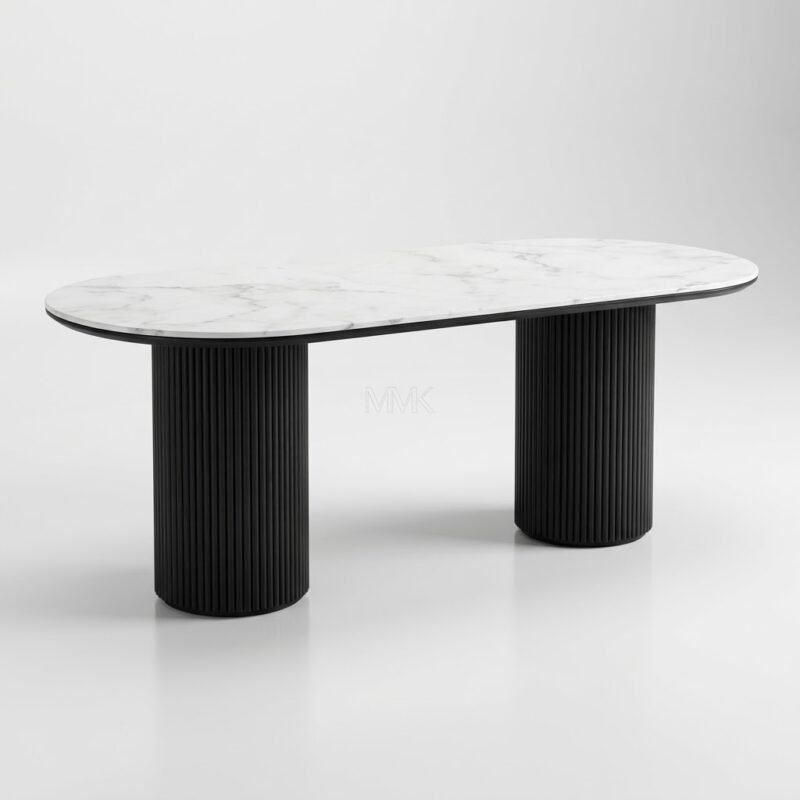 Modern-dining-table-with-a-capsule-white-marble-top-and-two-black-fluted-cylindrical-legs.