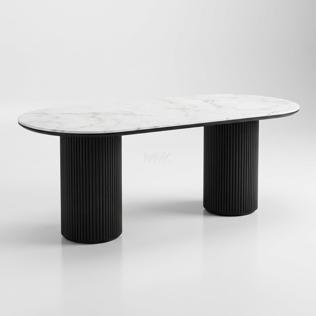 1.Modern dining table with a capsule white marble top and two black fluted cylindrical legs. Modern-dining-table-with-a-capsule-white-marble-top-and-two-black-fluted-cylindrical-legs.