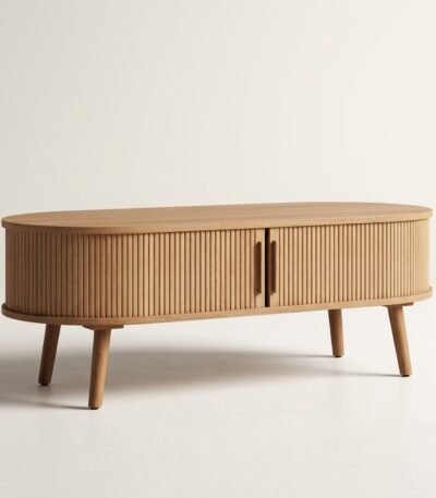 Modern-oval-fluted-solid-oak-coffee-table-with-sliding-tambour-doors-on-tapered-legs.