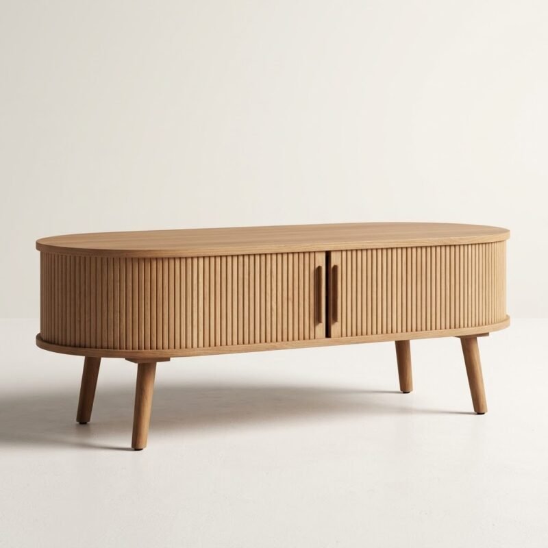 Modern-oval-fluted-solid-oak-coffee-table-with-sliding-tambour-doors-on-tapered-legs.