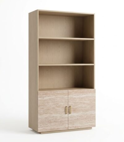 Modern-red-oak-storage-cabinet-with-open-shelves-and-lower-double-doors-by-MMK-Furniture-Makers.