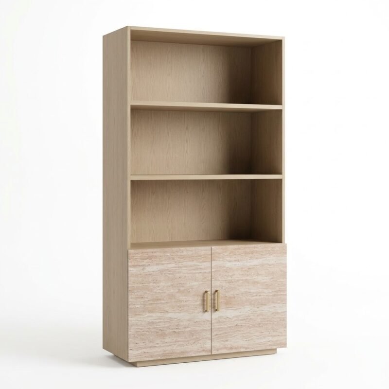 Modern-red-oak-storage-cabinet-with-open-shelves-and-lower-double-doors-by-MMK-Furniture-Makers.