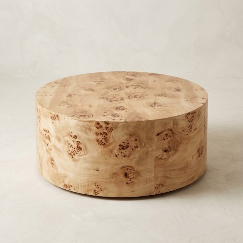 Modern-round-burl-wood-coffee-table-with-natural-swirling-grain-on-an-off-white-studio-background.