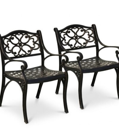 Pair-of-cast-aluminum-outdoor-patio-dining-chairs-in-antique-bronze-finish.