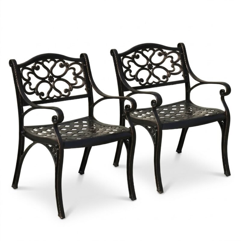 Pair-of-cast-aluminum-outdoor-patio-dining-chairs-in-antique-bronze-finish.